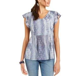 Style & Co Blue Printed Snakeskin Pattern Flutter-Sleeve V-Neck Top